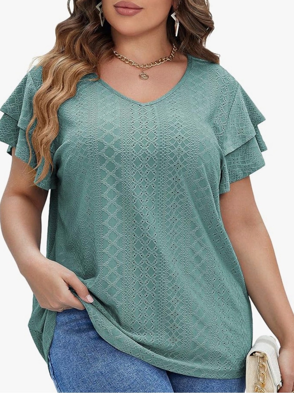 V-Neck Ruffle Sleeve Eyelet Knit Top - Teal